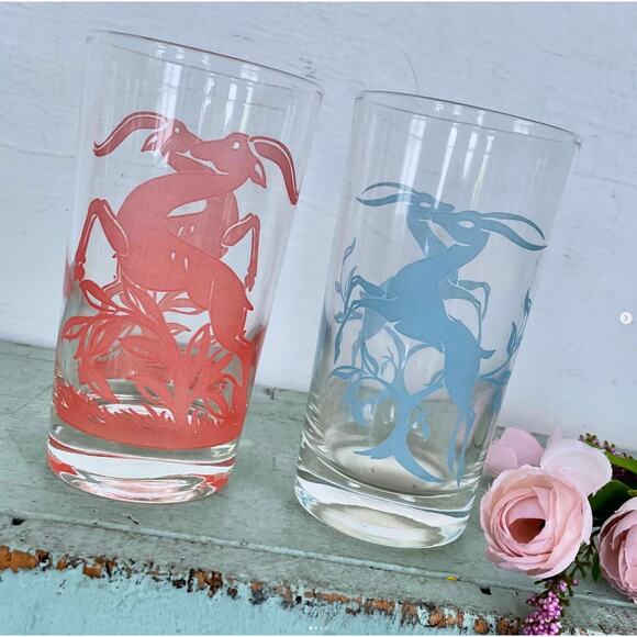 Vintage Drinking Glass Tumbler MCM Barware Glassware Red Blue Gazelle Faded PAIR - Picture 1 of 4